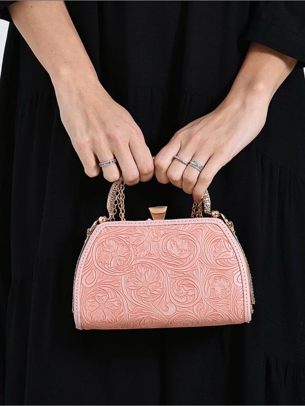 Pink Embossed Mini Top-Handle Trapezoid Bag with Gold Chain